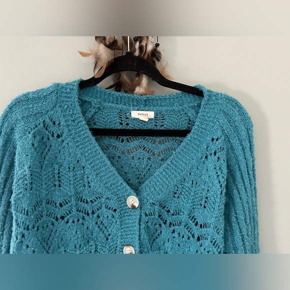 Dreamers by Debut Women’s Size S Turquoise Cropped Cardigan Sweater Soft Knit - Picture 6 of 13